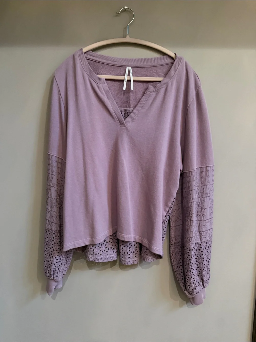 Anthropologie Lavender Crochet Sleeve Pullover